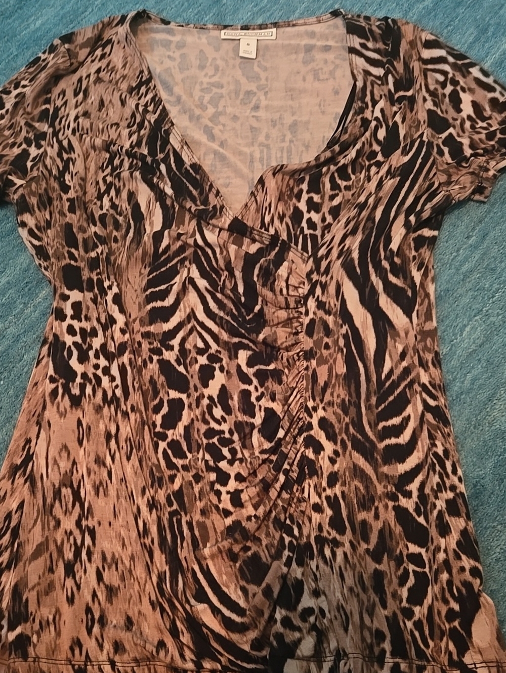 Dana Buchman Brown and Black Animal Print Short Sleeve Faux-Wrap Top